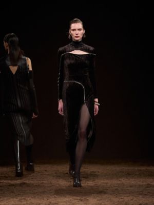 HERMES 25AW 海外限定 レディース ドレス ウール グレー 長袖 ガール GIRL ハイネック5分袖総レースミモレ丈結婚式パーティー