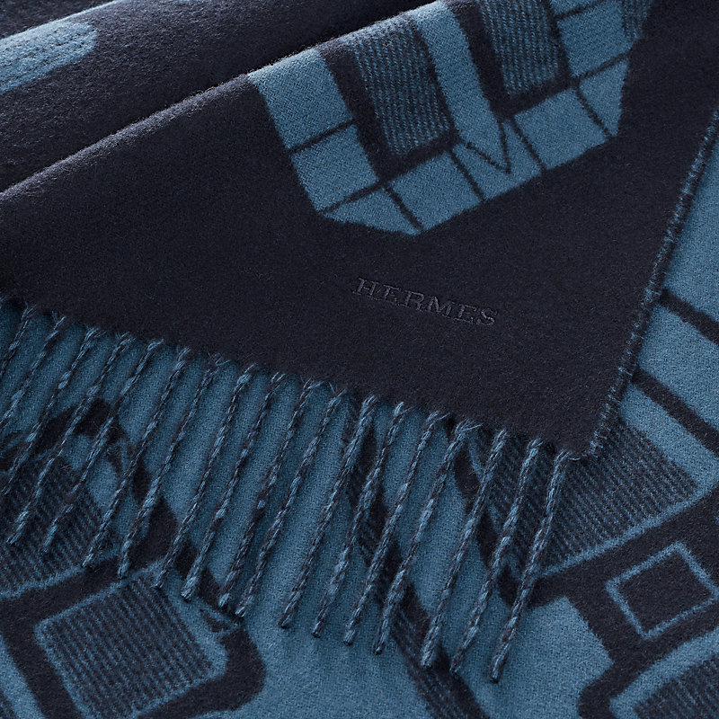 カシミヤマフラー 40×170 cm 《カレ・アン・ブックル》 - ブルー  