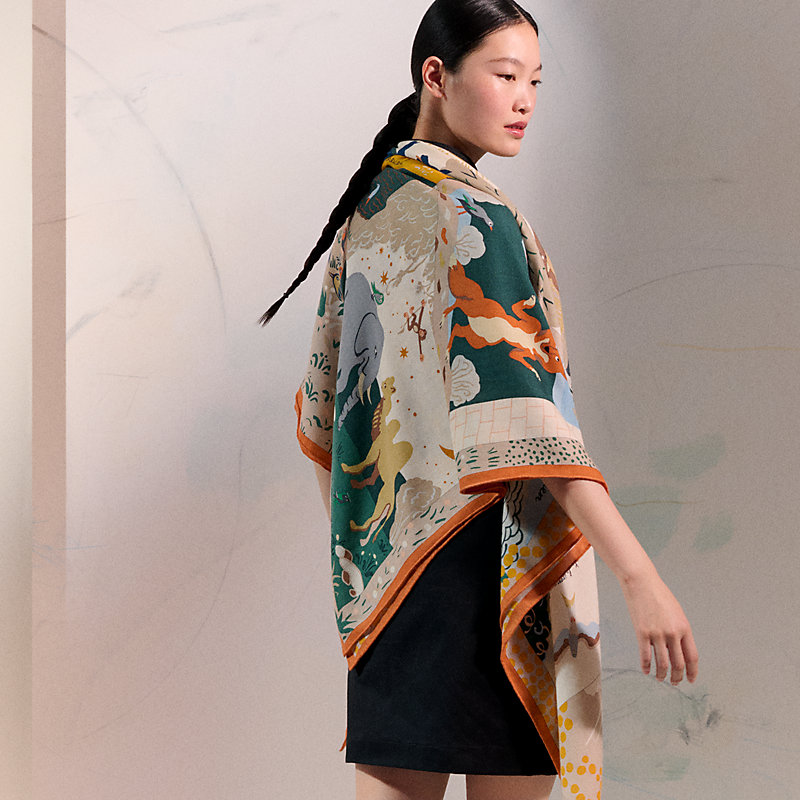 Hermes　カレジェアン 140 カシミヤ シルク ストール ECHEC AU ROI アン チェックメイト 212423 HERMES (エルメス) カレジェアン140 朝のバンダナ スカーフ ブラック