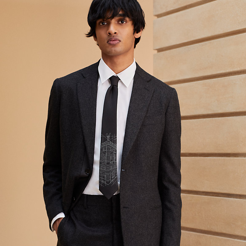 エルメス ネクタイ 659181T オレンジ ブラック シルク100％ 中古  