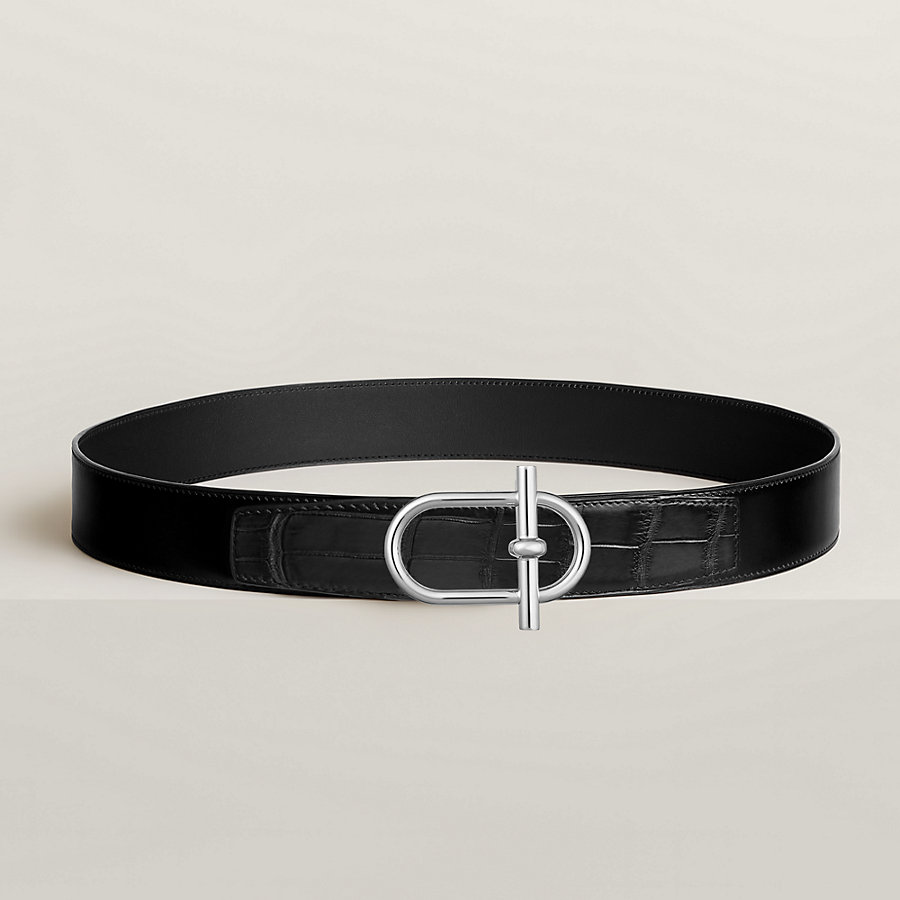 美品］HERMES ブラックレザーベルト 無秩序 H字型バックル