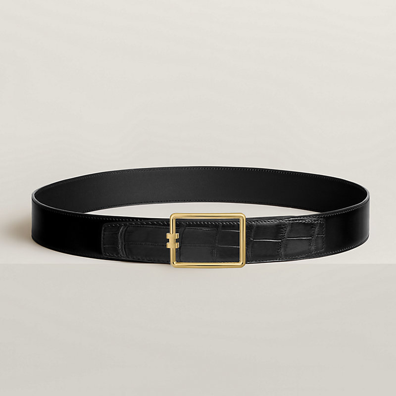 HERMES ブラック レザーベルト H型バックル ベルトバックル 《H 