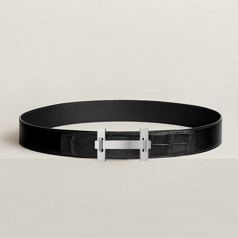 エルメス HERMES 85 Hベルト レザー×金属素材 ブラウン×黒×ゴールド リバーシブル/新型金具 X ベルト