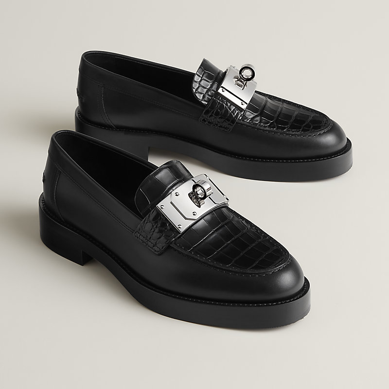 エルメス モカシン ホット 黒 ローファー ケリーバックル シルバー 美 