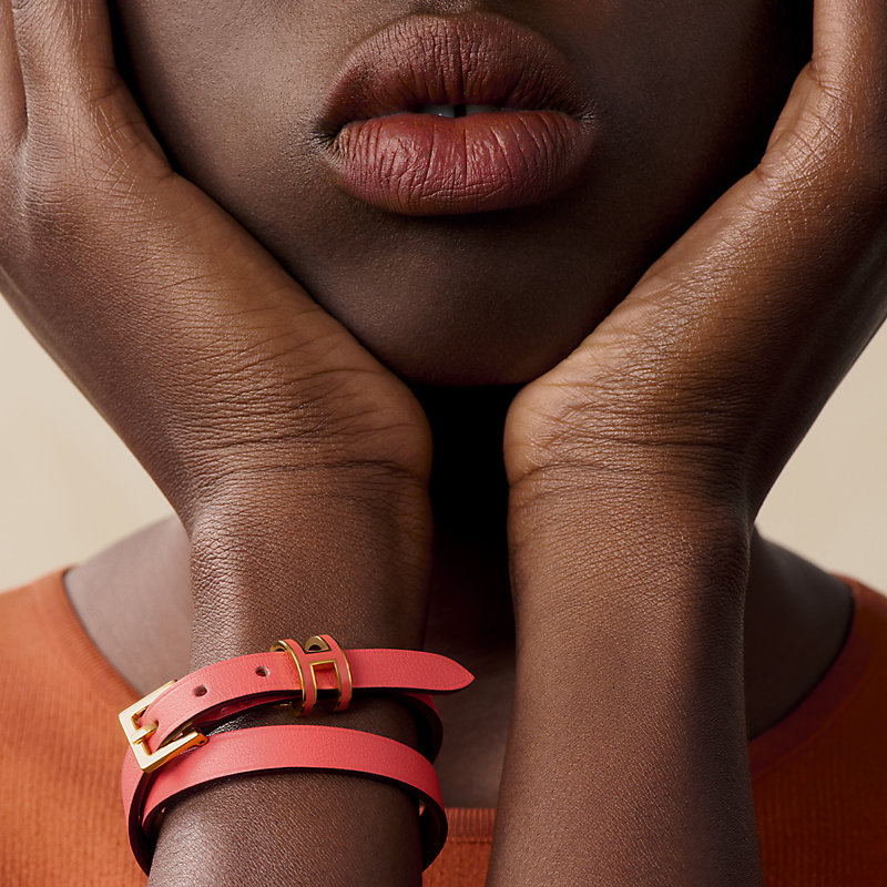 レザーブレスレット 《ポップH》 ドゥブルトゥール - ピンク | Hermès 