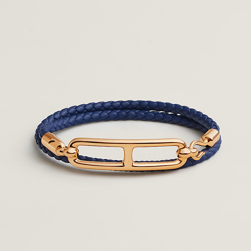 HERMES エルメス レザーブレスレット 編み込み ブルー 箱付き エルメス 