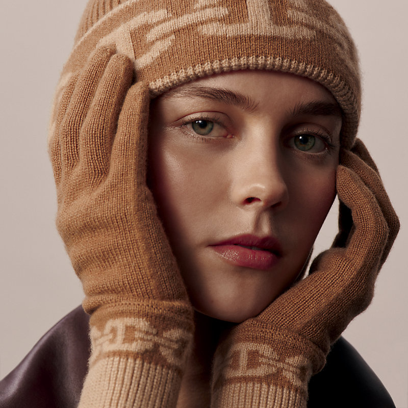 エルメス HERMES 手袋 カシミヤ アイボリー×ライトブラウン レディース 