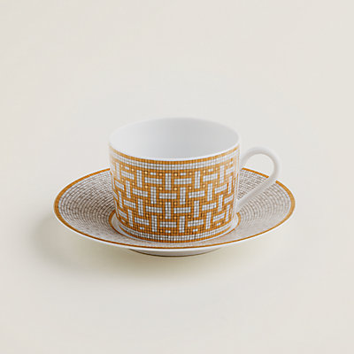 Mosaique au 24 gold tea cup with lid and saucer | Hermès USA Mosaique au 24 gold tea cup with lid and saucer | Hermès USA