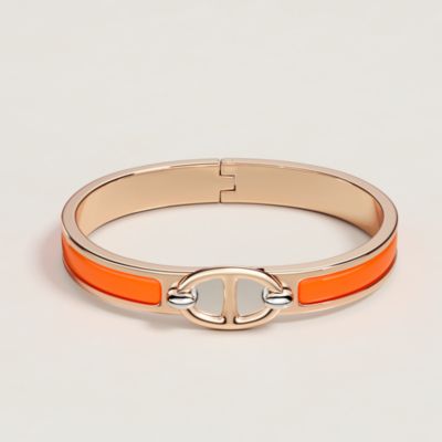 アクセサリー Hermes leather bangles Hermes Kelly H Lock Bangle in Palladium and Orange Lizard Leather
