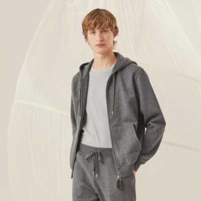 Jogging zipped hooded sweater with leather detail | Hermès