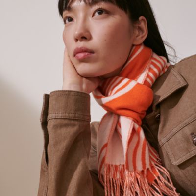 未使用品△HERMES エルメス カシミヤ100% ロゴ刺繍 フリンジ付き  