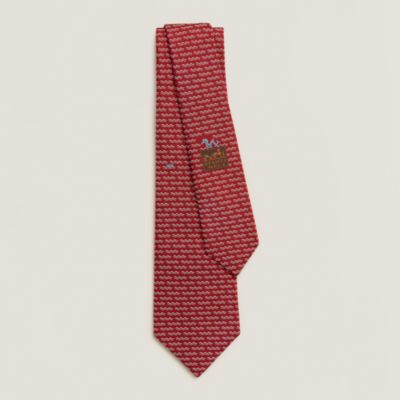 Cravate Hermès En Soie 100% Rouge Rayée - Motif Cheval Et étrier - Excellent état Occasion