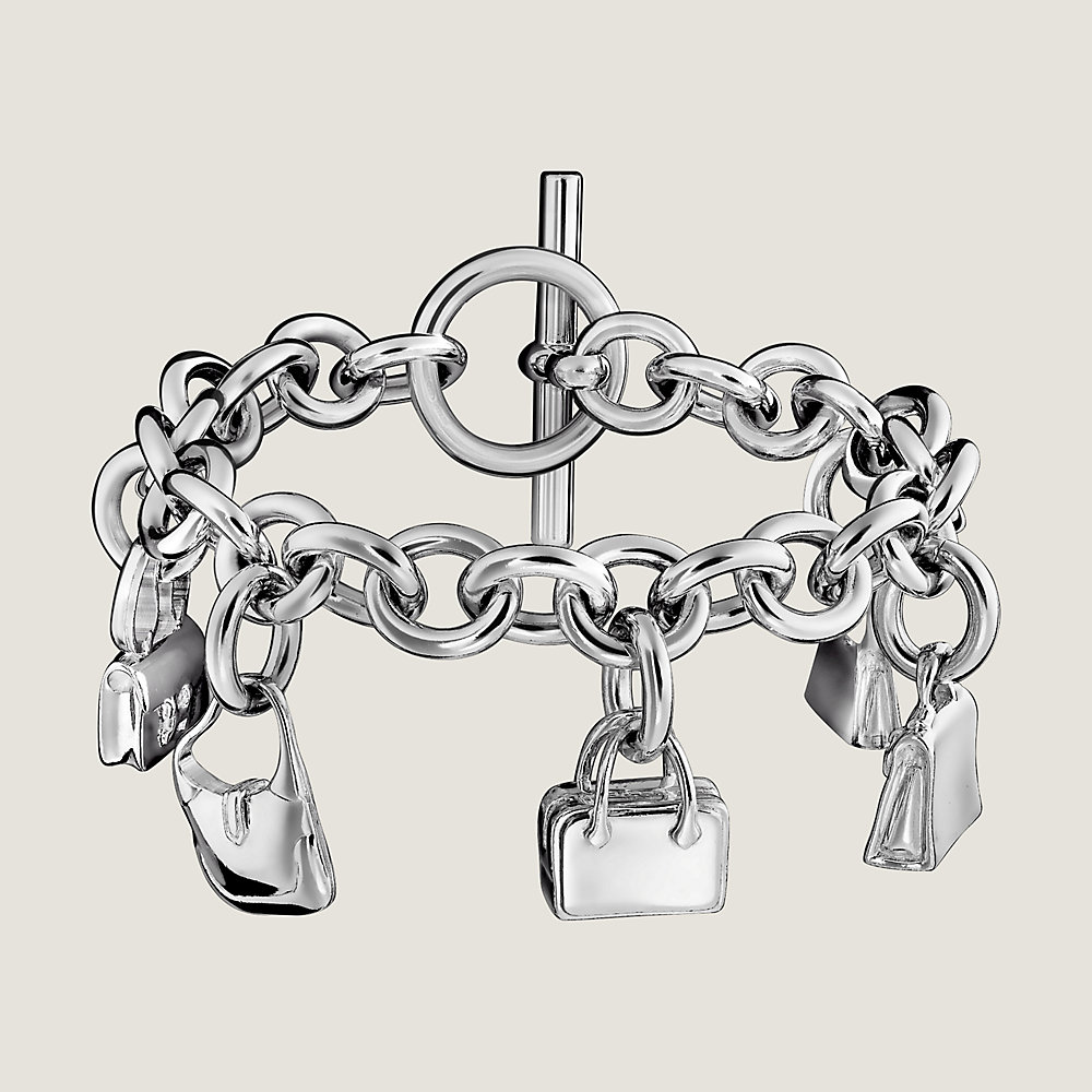 HERMES Sterling Silver Five Bags Amulette Charm Bracelet LG 652532