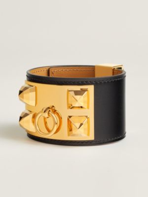 HERMES エルメス ゴールドメッキ レザーチェッカー ブレスレット Collier de Chien Disco Faubourg bracelet - Black | Hermès USA