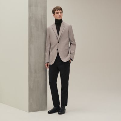 ジャケット・アウター HERMES BALMACAAN COAT 48 Hermes Men's Jacket Grey with Black Leather and Beaver