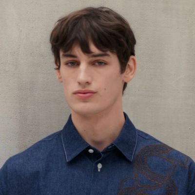 Embroidered boxy fit denim shirt, View: video, view 2 of 6