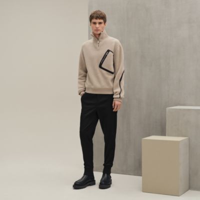 Full-zip sweater with leather detail - Orange - XS | Hermès USA