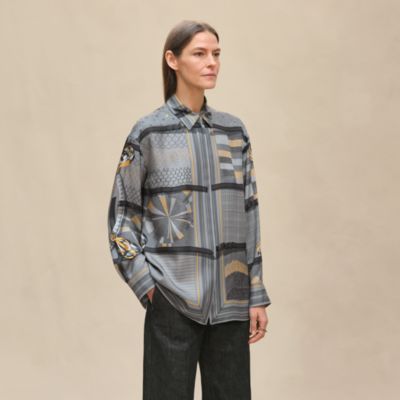 ⭐️HERMES シルク チェーン柄 長袖シャツ❗️⭐️ エルメスメンズシルクシャツ 柄入り サイズ43 紺 メンズ 長袖シャツ