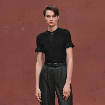 極美品✨エルメス レザートリム セリエボタン ウールカシミヤポロニット 赤系 Ｓ 極美品✨エルメス レザートリム セリエボタン ウールカシミヤ