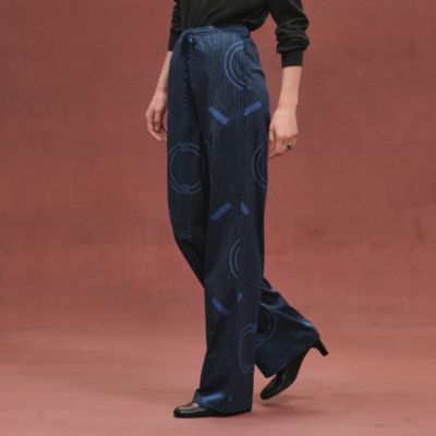 HERMES エルメス サイドライン ワイドパンツ シルク ダークネイビー HERMES エルメス サイドライン ワイドパンツ シルク ダークネイビー