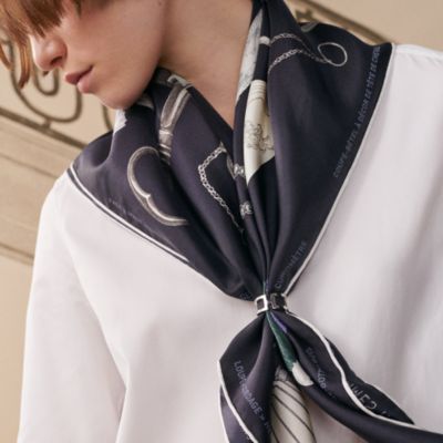 美品 エルメス カレ65 COMME HERMES シルク ホワイト ブラック シルク 