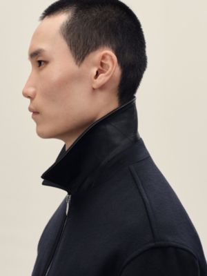 Cashmere zipped straight cut jacket with leather details, View: Worn, worn, view 5 of 7