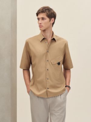 Short-sleeve straight cut shirt with leather detail, View: Worn, worn, view 2 of 6