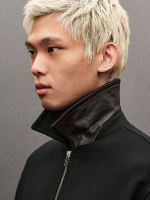 Cashmere zipped straight cut jacket with leather details, View: Worn, worn, view 6 of 7