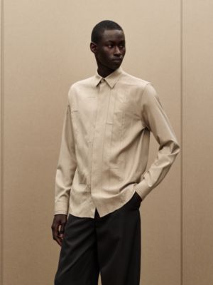 "Nervures H" straight cut silk shirt with Louis collar, View: Worn, worn, view 2 of 7