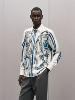 "Brides de Gala Brush" straight cut silk shirt with Louis collar, View: Worn, worn, view 2 of 5