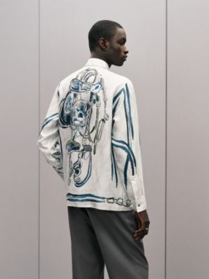"Brides de Gala Brush" straight cut silk shirt with Louis collar, View: Worn, worn, view 3 of 5