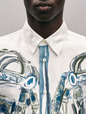"Brides de Gala Brush" straight cut silk shirt with Louis collar, View: Worn, worn, view 4 of 5