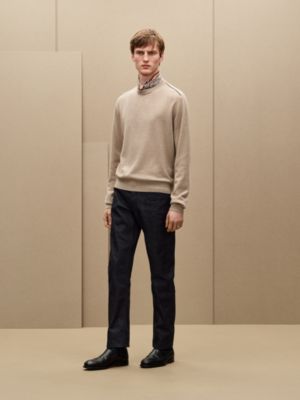 ラウンドネックニット カシミヤ レザーディテール