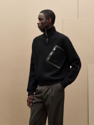 Full-zip sweater with leather detail, View: Worn, worn, view 2 of 6