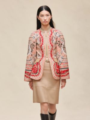 "Aux Champs en Fleurs Raye" mixed leather mat equestrian jacket, View: Worn, worn, view 3 of 8