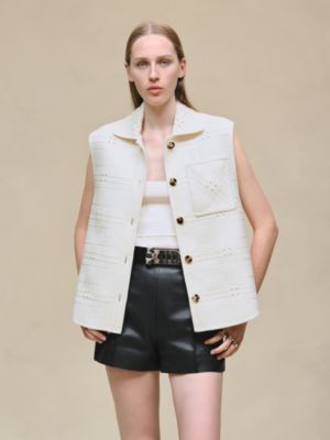 Embroidered short vest with leather detail, View: Worn, worn, view 2 of 7