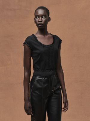 Short-sleeve sweater with ruffled details, View: Worn, worn, view 2 of 5