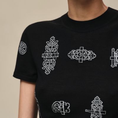 23SS エルメス HERMES Kurzarmeliger Twillaine-Pullover mit Ex-Libris-Print ツイルレーヌニットトップス36//ブラック【2400014773842】 Ex-Libris a Main Levee