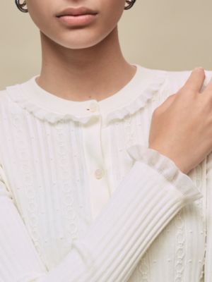 Long-sleeve cardigan with ruffled details, View: Worn, worn, view 4 of 5