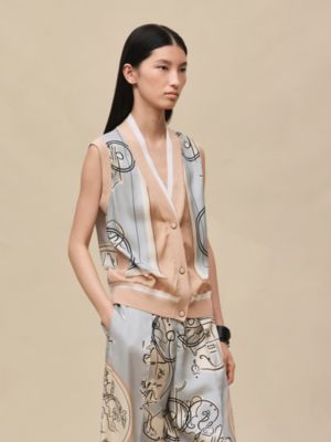 "Ex-Libris a Main Levee" sleeveless twillaine cardigan, View: Worn, worn, view 2 of 6