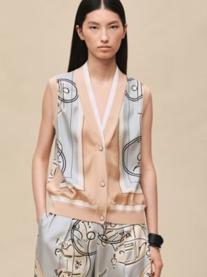 "Ex-Libris a Main Levee" sleeveless twillaine cardigan, View: Worn, worn, view 4 of 6