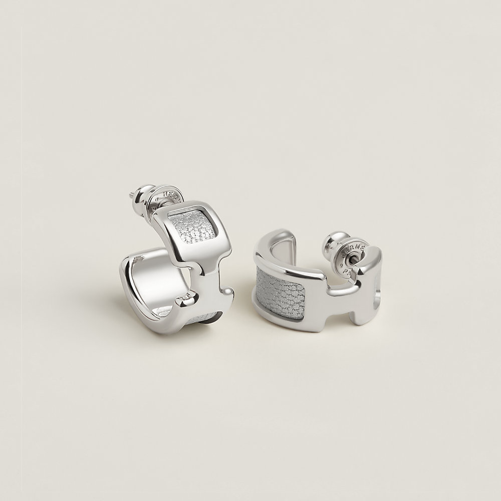 Boucles D'oreilles Hermès Olympe Plaqué Or - Cercle Avec H - Couleur Veau Cannelle - Occasion