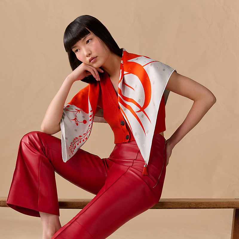 Bouquet Final leather tassel scarf 90 Red Hermès USA