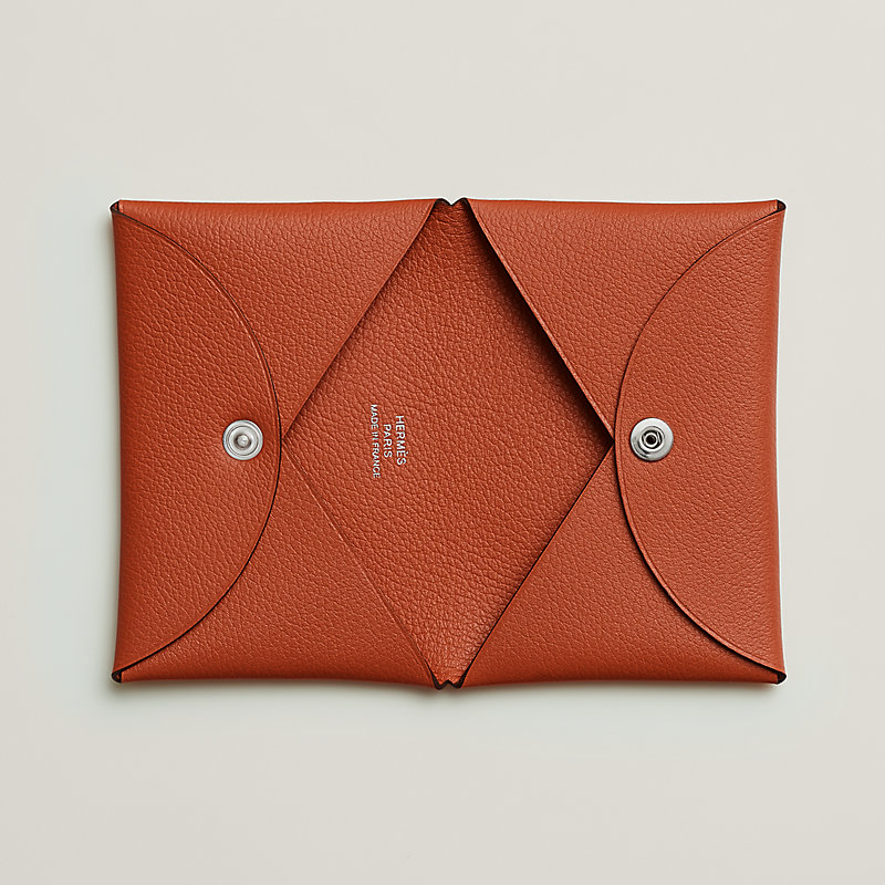 ☆エレガントに☆【Hermes】Calvi カードホルダー Orange Hermes Calvi Duo Card Holder Orange Verso Epsom Palladium