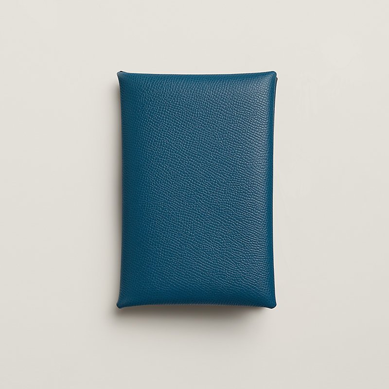 Hermes Terre Battue/Bleu France Epsom Leather Calvi Card Holder