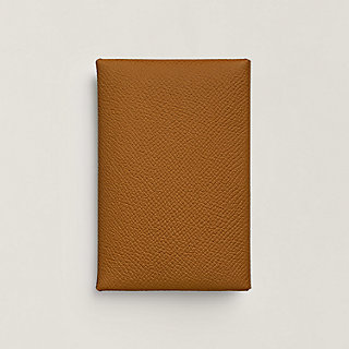 Hermes Calvi Duo Card Holder In Etoupe, Brown Epsom Leather