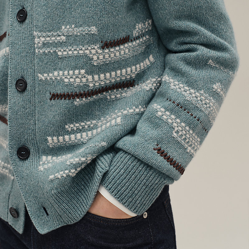 Cashmere buttoned cardigan with leather detail - Green - XXL