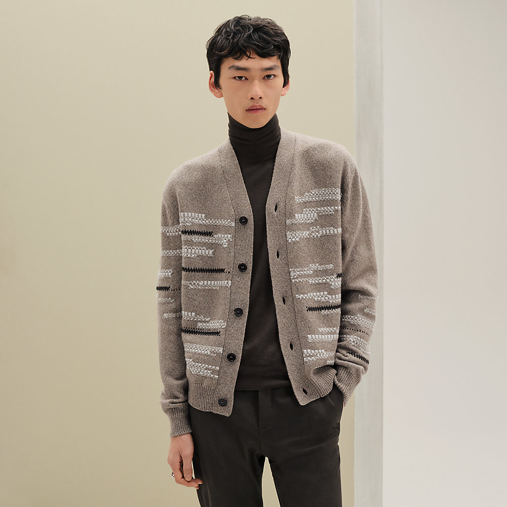 HERMES CACHMERE100 Cardigan メッシュ織り 切替 HERMES CACHMERE100
