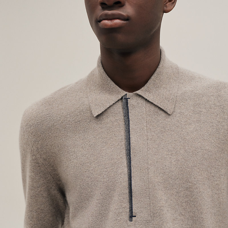 HERMES Mint Knit Polo Shirt Linen Gray L Light Grey Men's