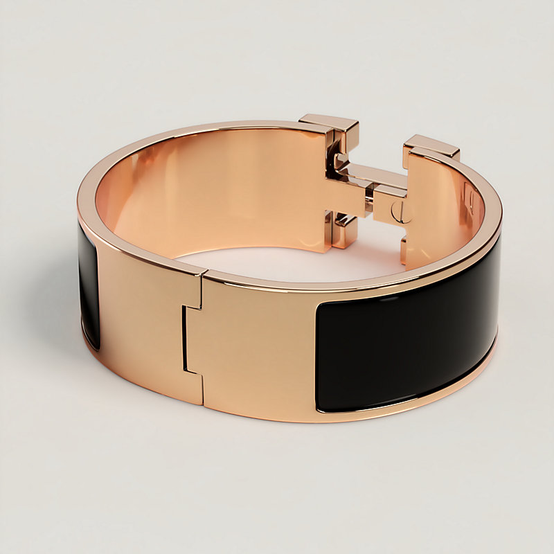 NEW HERMES CLIC CLAC BLACK ROSE GOLD HARDWARE H NARROW ENAMEL BRACELET CUFF  PM